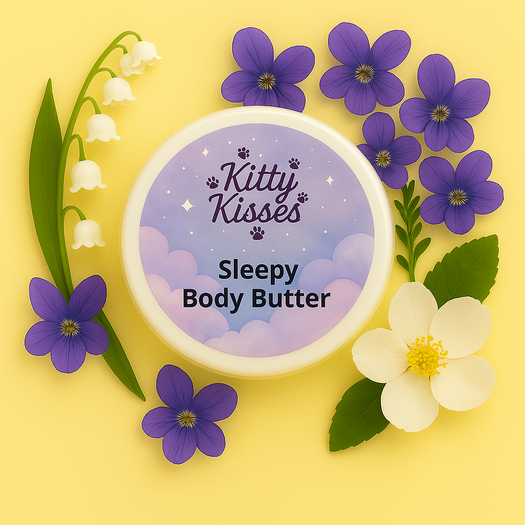 Kitty Kisses Sleepy Body Butter container with purple and white flowers on a yellow background