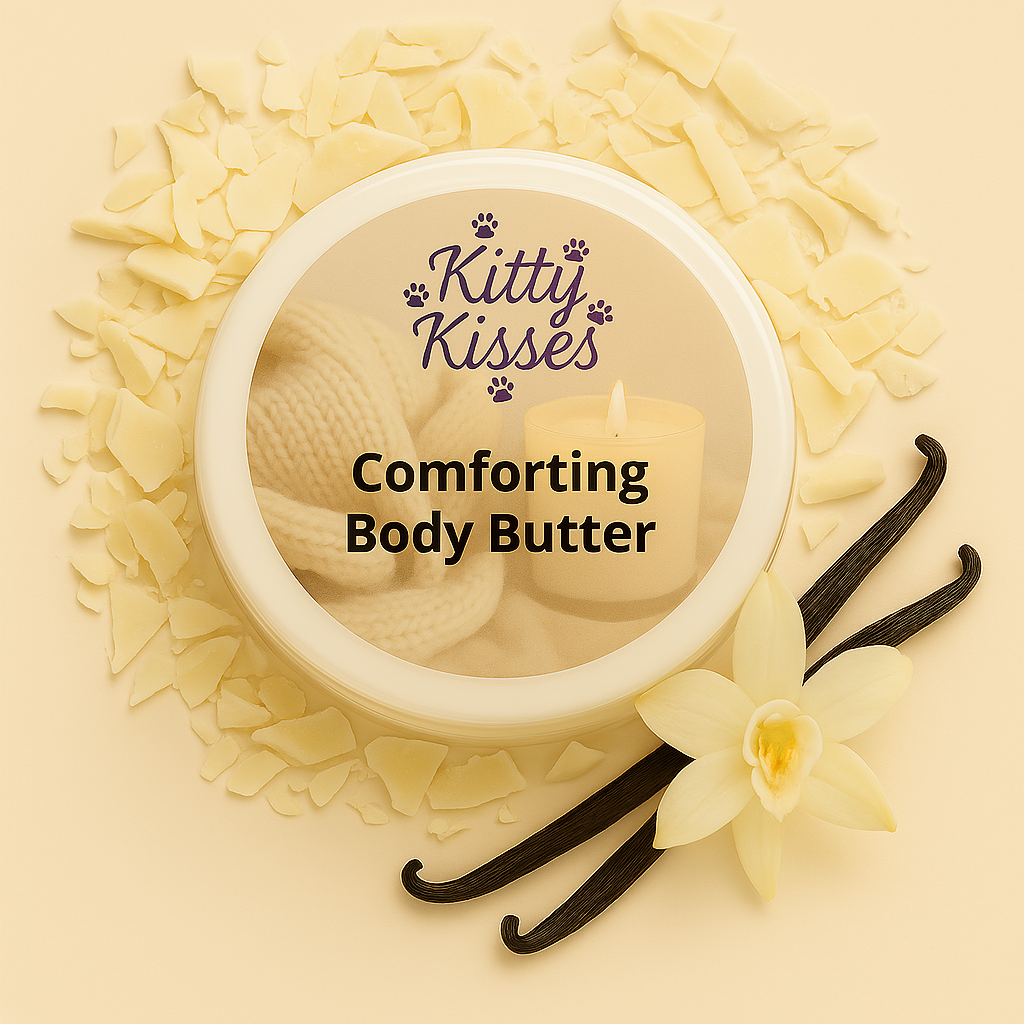 Kitty Kisses Comforting Body Butter with vanilla beans and flowers on a beige background