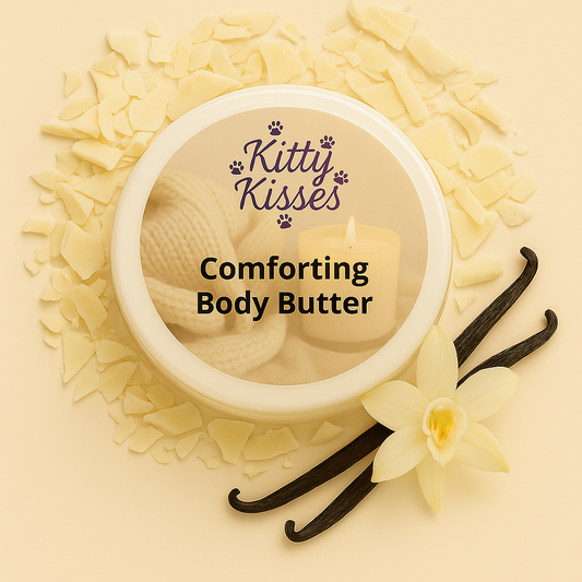 Kitty Kisses Comforting Body Butter with vanilla beans and flowers on a beige background