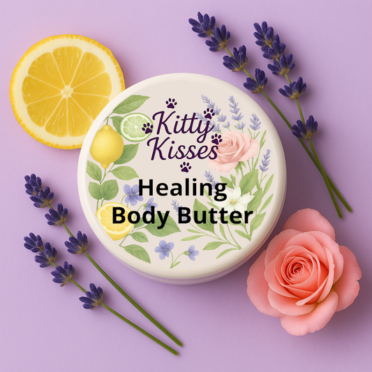 Kitty Kisses Healing Body Butter with lemon, lavender, and rose on a purple background
